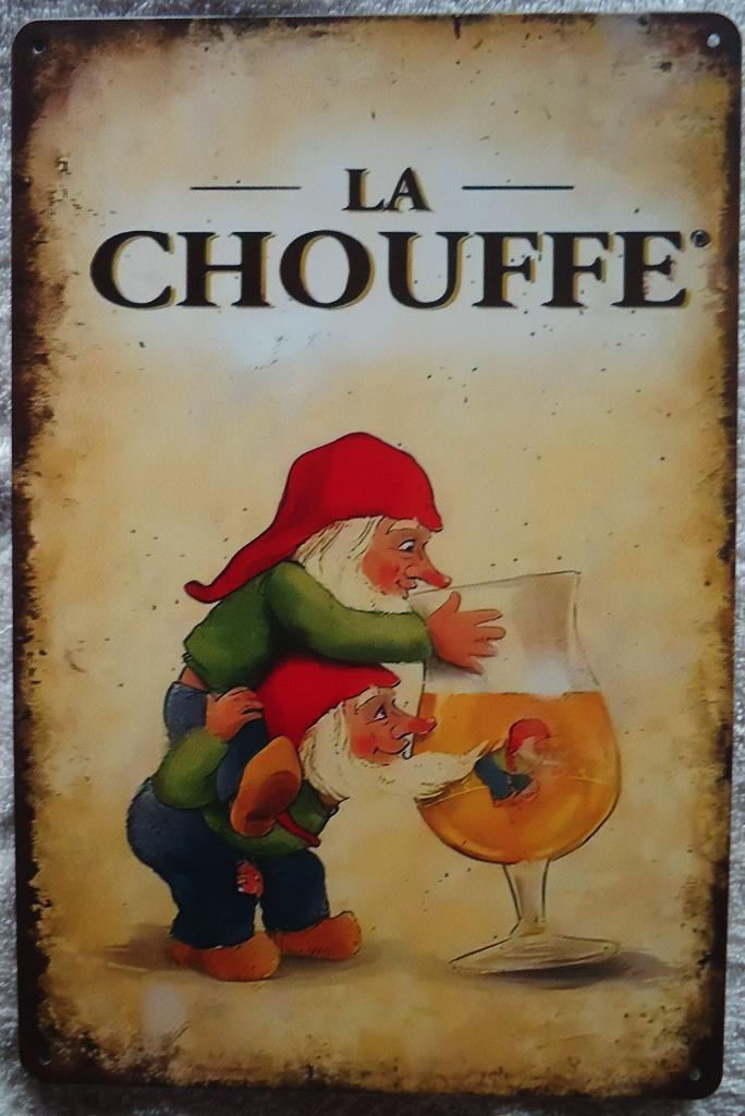 3 Metalen retro platen- la Chouffe, Verzamelen, Biermerken, Ophalen of Verzenden, Zo goed als nieuw, Reclamebord, Plaat of Schild