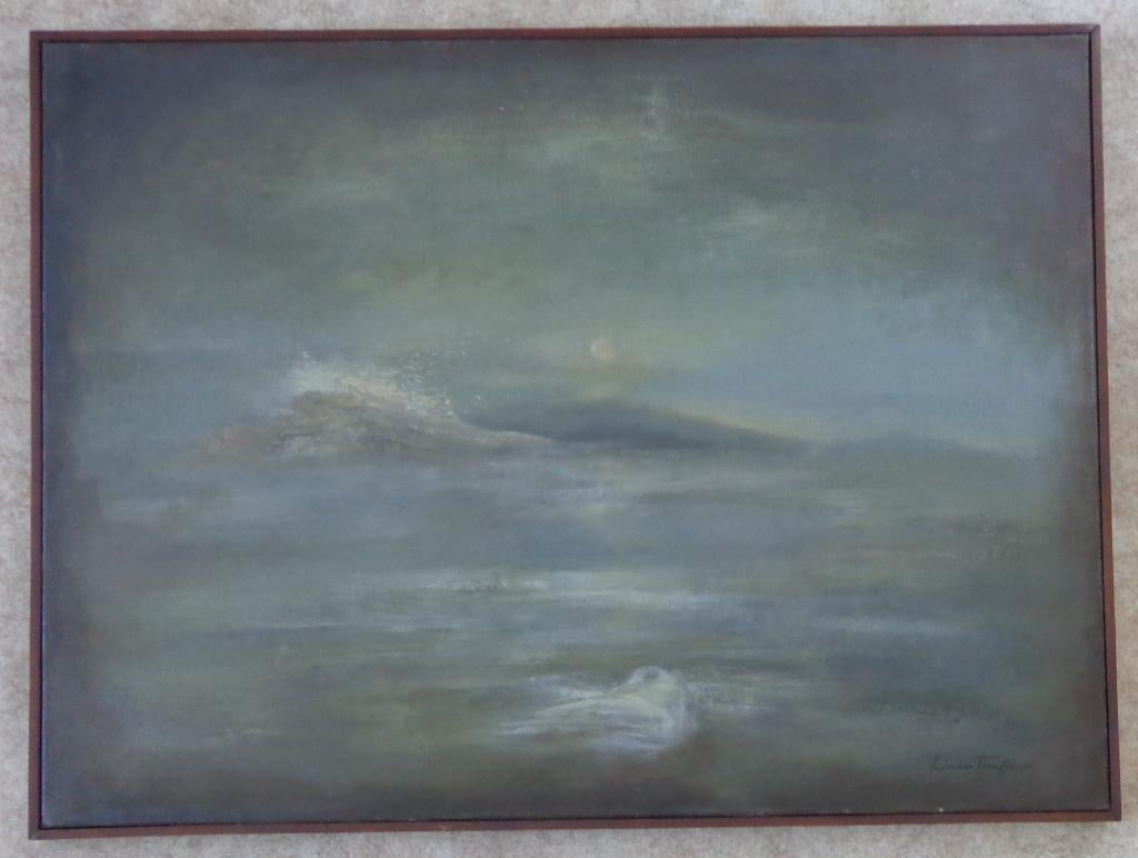 LINOU TRUFFINO / BERGEN IN DE MIST / OLIEVERF 62x82cm KADER, Enlèvement, Signé, Peinture à l'huile