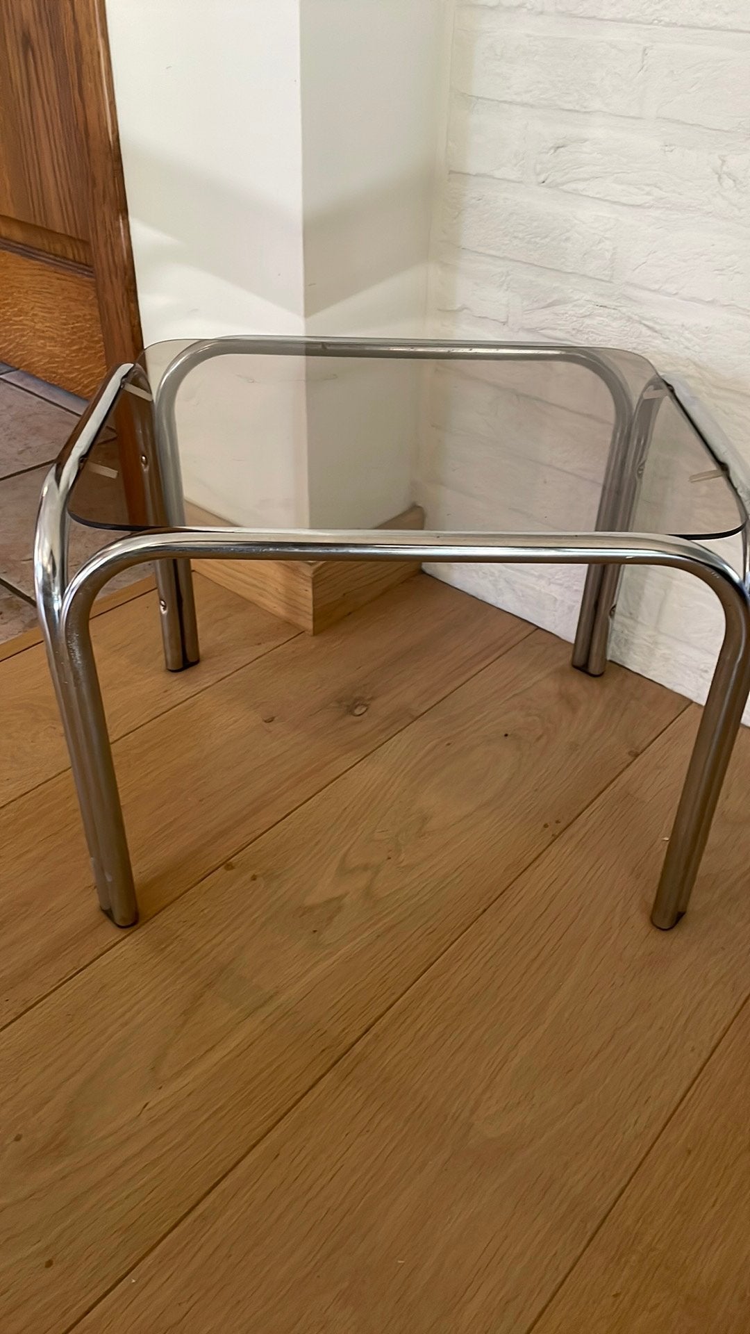 Vintage  bijzettafel chroom & glas – Jaren 70, Ophalen, Minder dan 45 cm, Minder dan 55 cm, Gebruikt