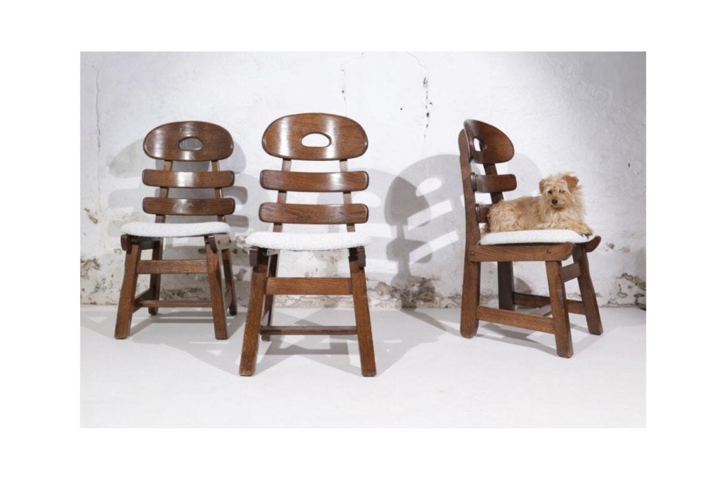 Set of 4 Brutalist Fishbone Chairs Spanish Oak Boucle, Ophalen