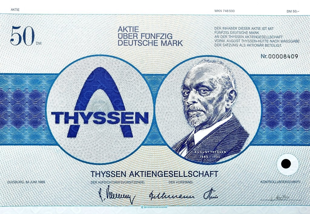 THYSSEN (nu Thyssen-Krupp) 1986, Postzegels en Munten, Aandelen en Waardepapieren, Ophalen of Verzenden, 1970 tot heden, Aandeel