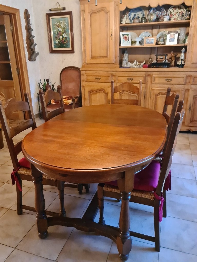 Houten tafel en 6 stoelen, Huis en Inrichting, Ophalen, Gebruikt, 100 tot 150 cm, Vijf personen of meer