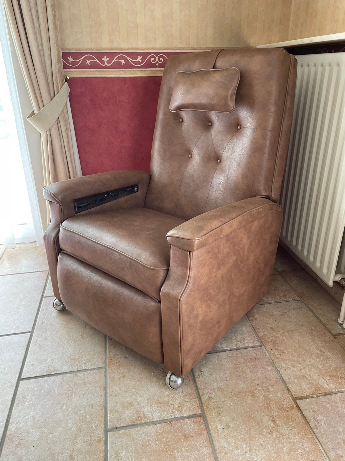 Vintage bruine leren massagezetel (werkt nog perfect), Ophalen, Eenpersoons, Zo goed als nieuw, Minder dan 150 cm