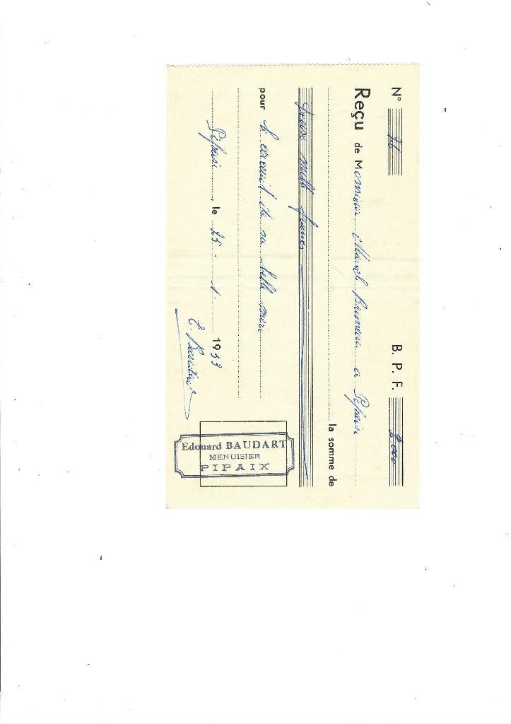 Ancien reçu 1933, Enlèvement ou Envoi, Utilisé