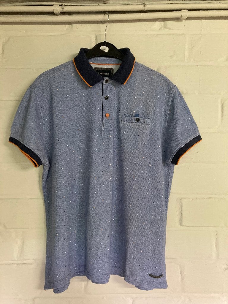 Blauwe polo met witte spikkel, Terre Bleue,  large, Kleding | Heren, Maat 52/54 (L), Blauw, Ophalen of Verzenden, Zo goed als nieuw