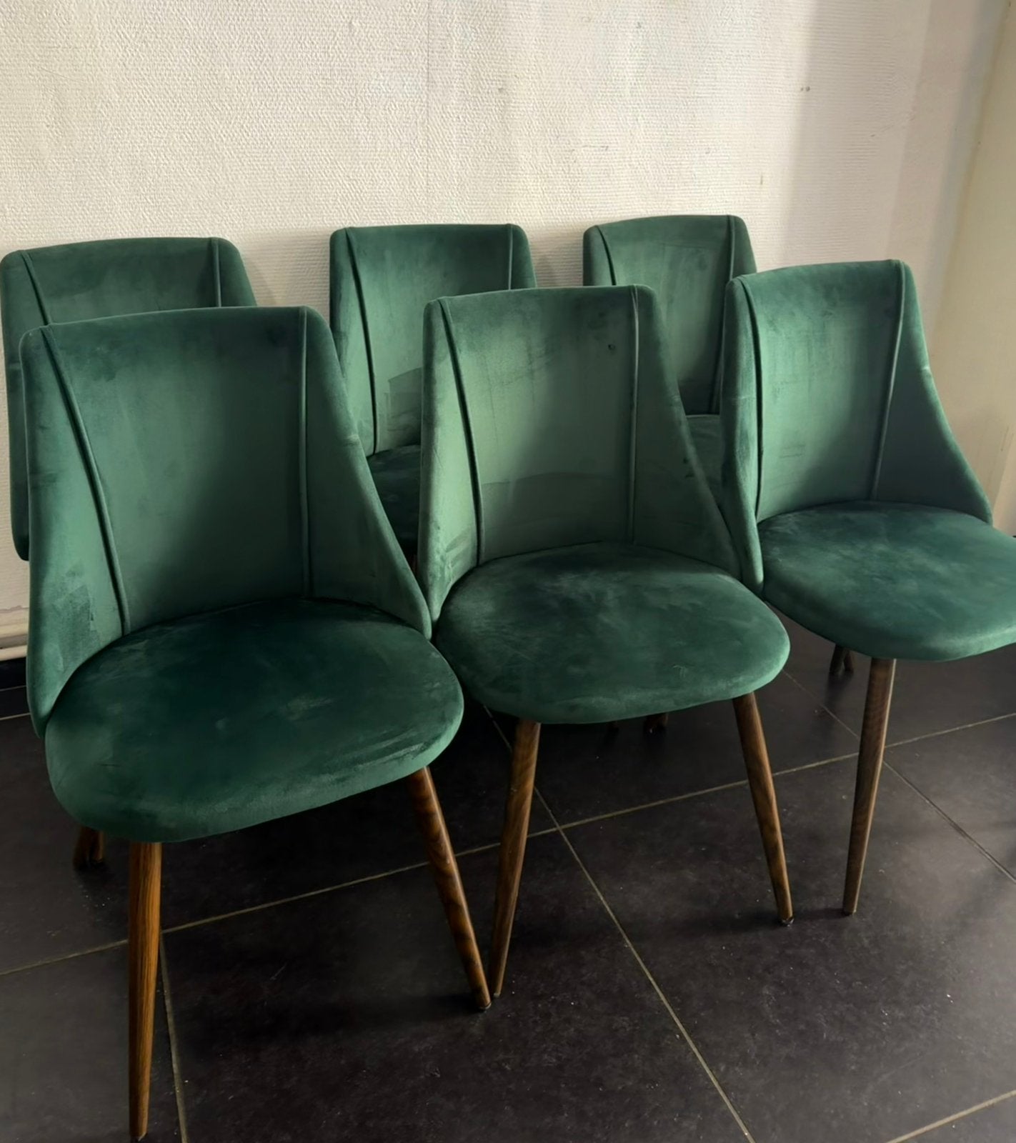 6 groene fluwelen stoelen, Huis en Inrichting, Stoelen, Ophalen, Overige materialen, Overige kleuren, Zo goed als nieuw