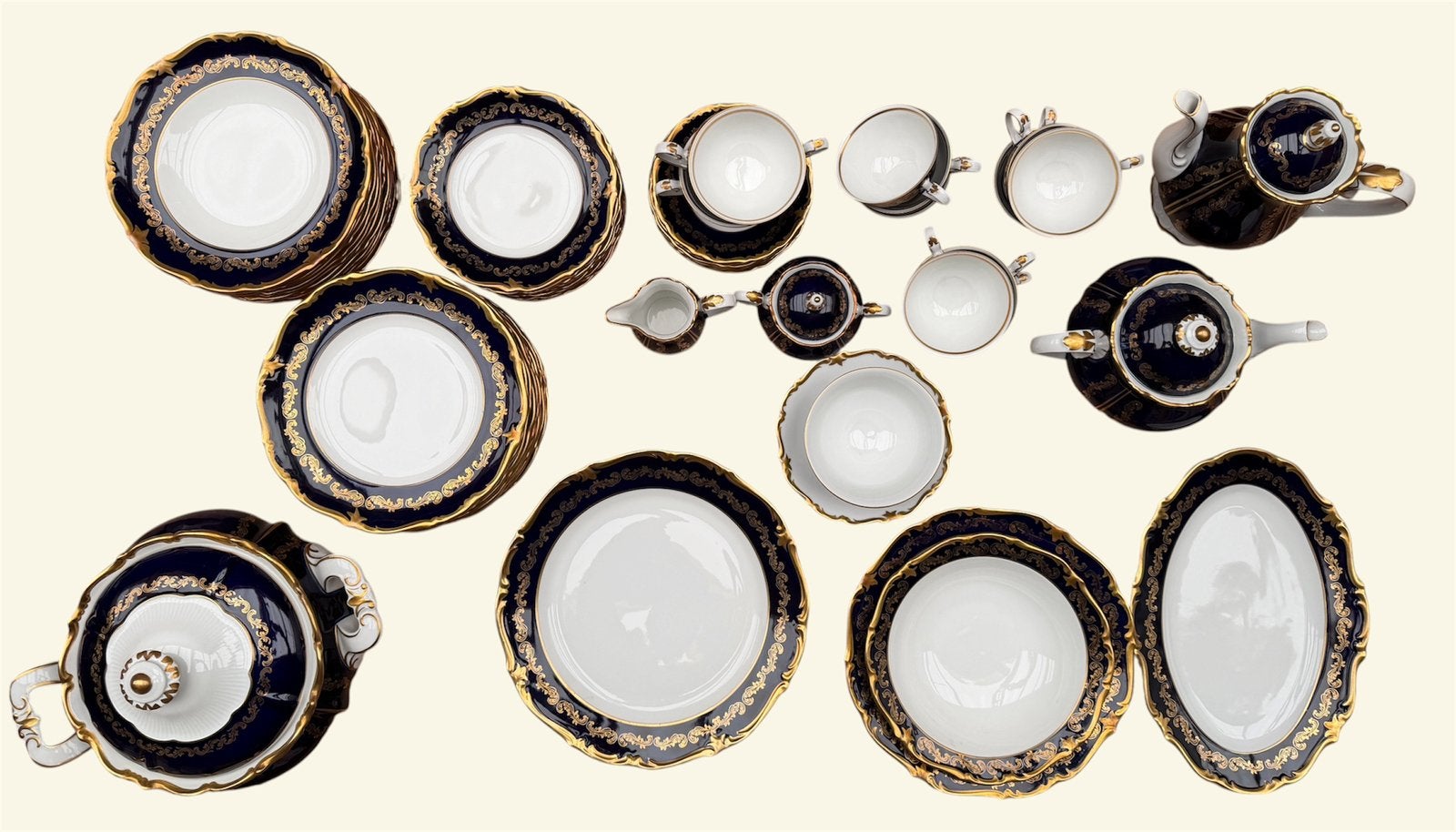 Koffie- en eetservies Reichenbach kobalt met goud, 12 p., Ophalen