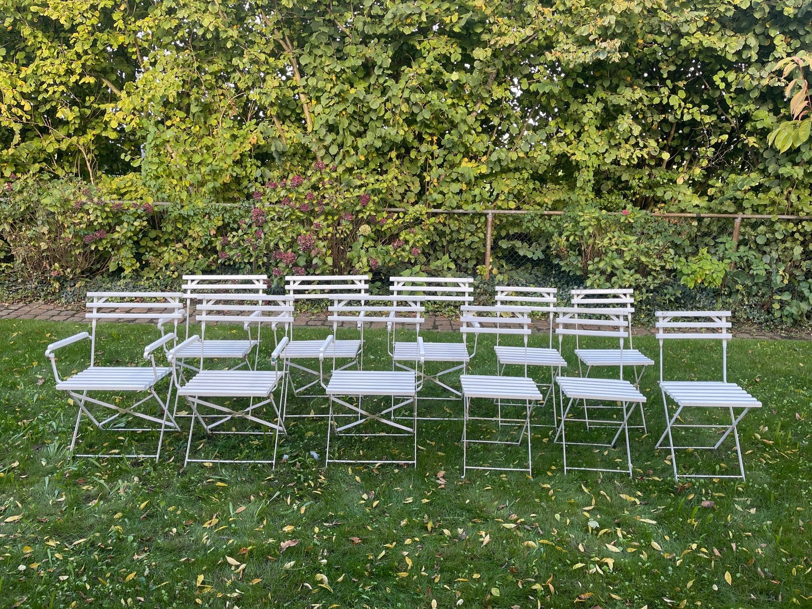 11 witte franse inklapbare tuinstoelen, Enlèvement, Utilisé, Bois, Pliant