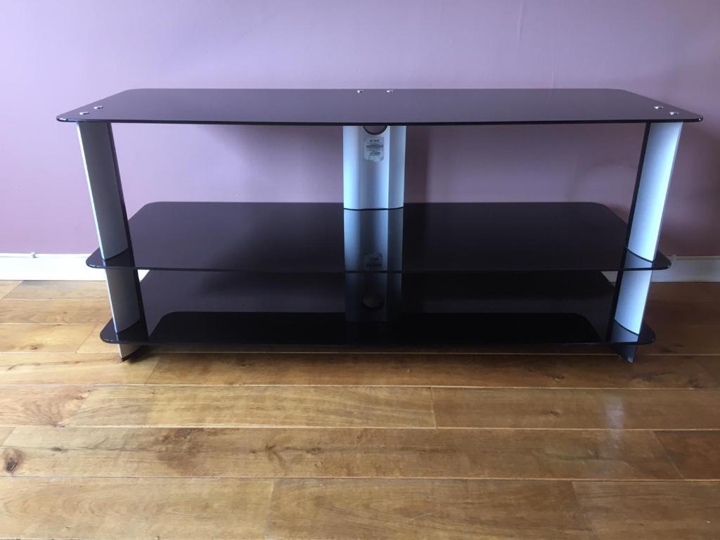 Meuble TV Stand Télévision en verre noir argent, Enlèvement, Utilisé, Verre
