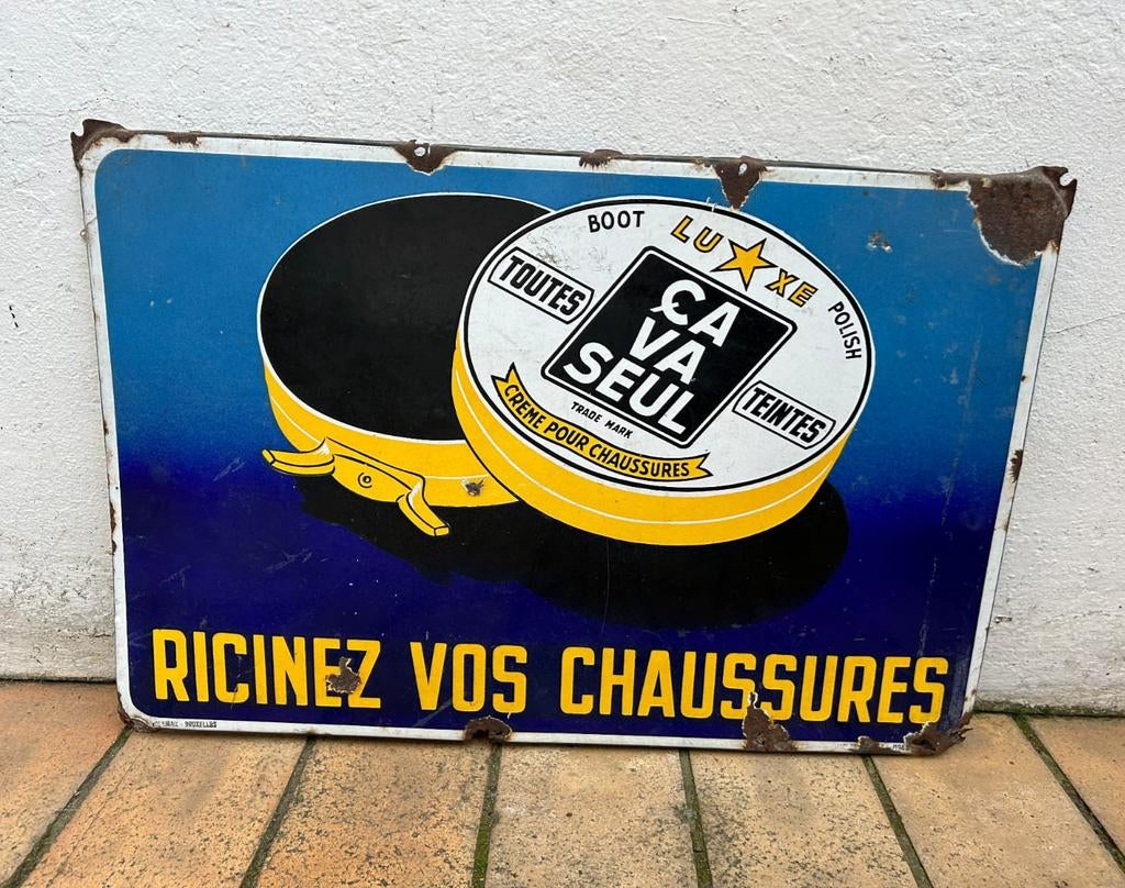 Vintage geëmailleerd bord „Ça va alone” 1949, Verzamelen, Ophalen, Zo goed als nieuw