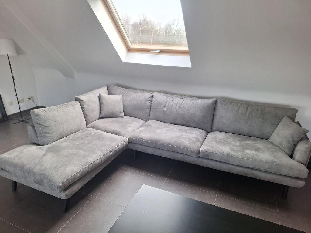 Grijze L-zetel - 3zit + arm - Slechts 1jaar oud, Ophalen, Hoekbank, 300 cm of meer, Zo goed als nieuw