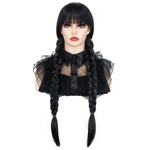 Luxe Wednesday Addams zwarte pruik met vlechten en pony, Verzenden, Nieuw