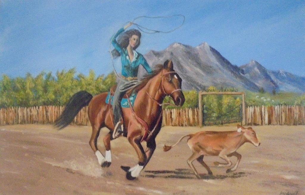 groot olieschilderij western/paard (75x115cm), Ophalen of Verzenden