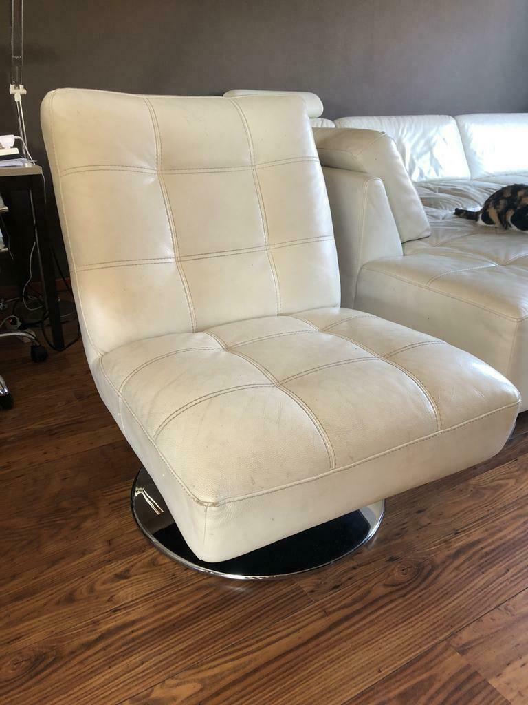 Zetel in wit leder met chrome draaivoet, Ophalen of Verzenden, Gebruikt, Eenpersoons, Leer