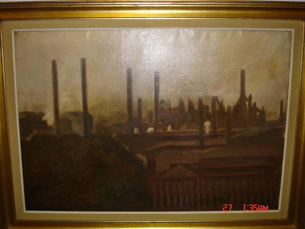 Huile sur toile "Usines et château Cockerill à Seraing" Mata, Enlèvement