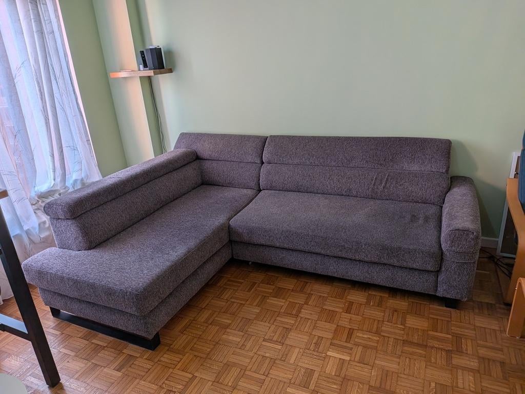 L-vormige zetel m/ chaise longue +slaapfunctie +opbergruimte, Ophalen, Gebruikt, 200 tot 250 cm, Vierpersoons of meer