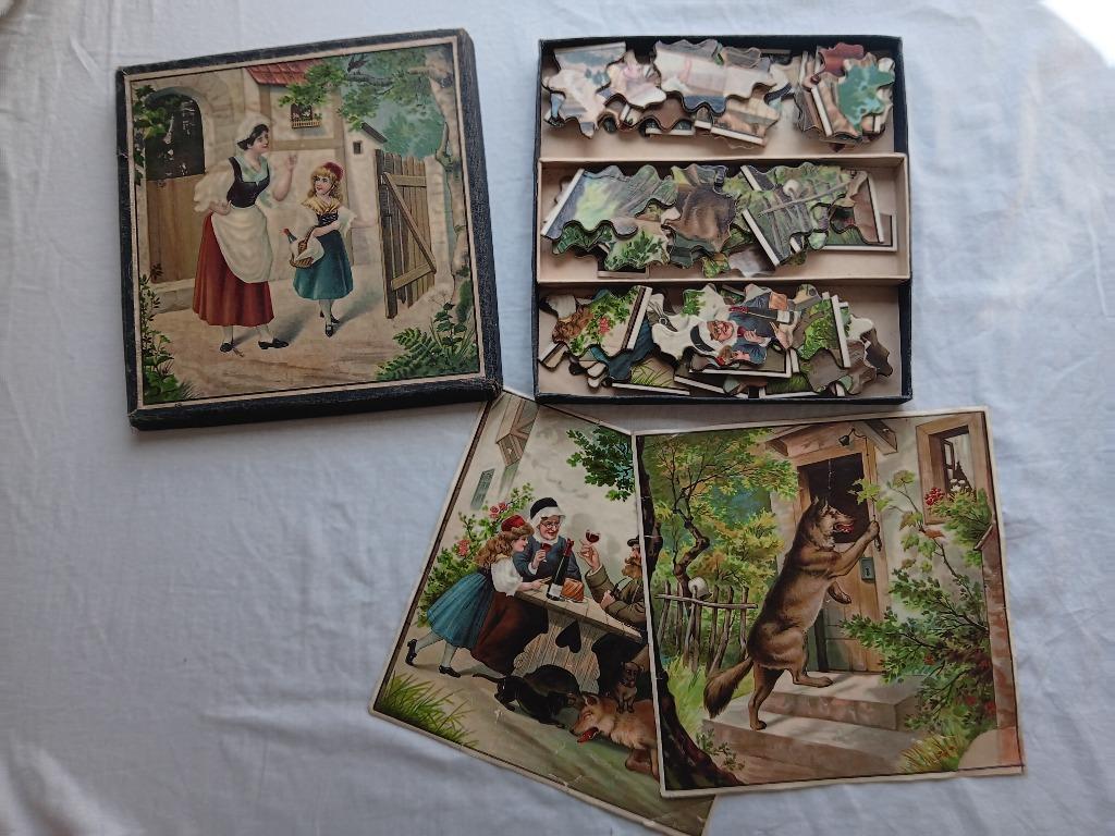 3 antieke legpuzzels Roodkapje, ca. 1885, 3 x 24 stukjes, Antiek en Kunst, Ophalen of Verzenden