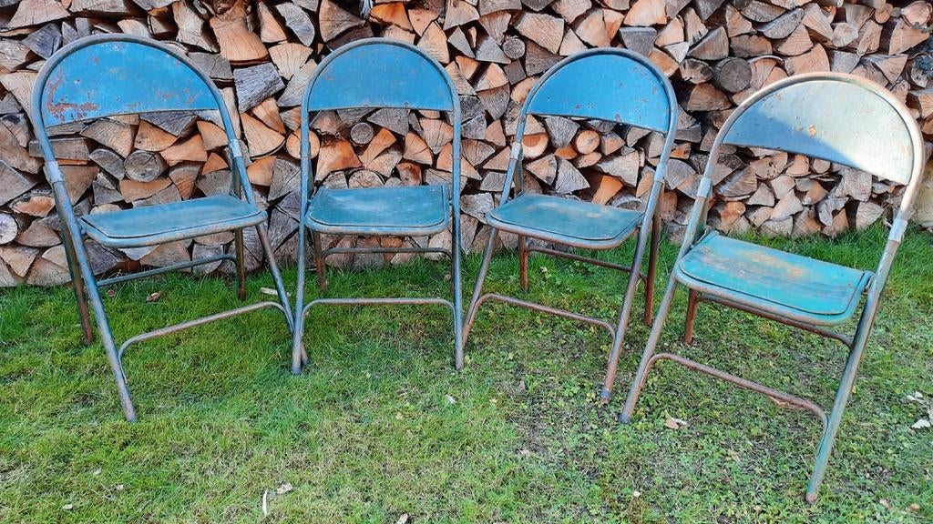 4 vintage metalen klapstoelen, Ophalen, Gebruikt