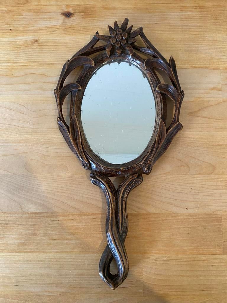 Oude handgemaakte houten handspiegel, Antiek en Kunst, Ophalen of Verzenden