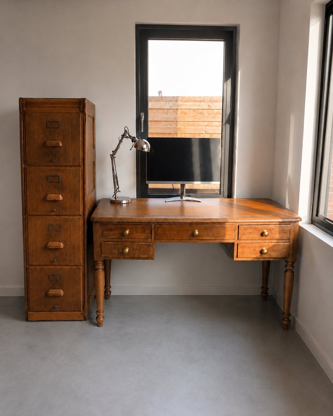 Antiek bureau, bijhorende archiefkast & passende accesoires, Huis en Inrichting, Overige typen, Gebruikt, 150 cm, Hout