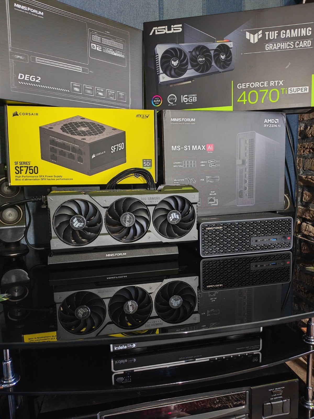 MINISFORUM MS S1 MAX AI
GEOFORCE RTX 4070 Ti 
CORSAIR SF750, Ophalen