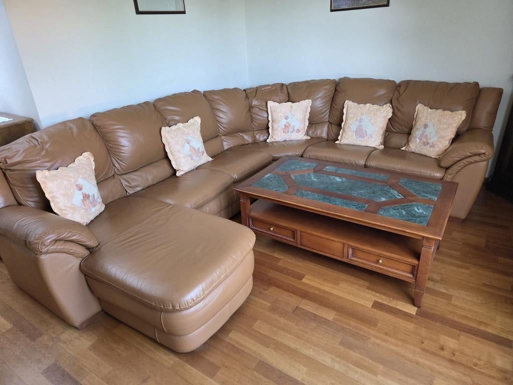 Bruine leren woonkamer met salontafel als nieuw, Huis en Inrichting, Zetels | Complete zithoeken, Leer, Ophalen