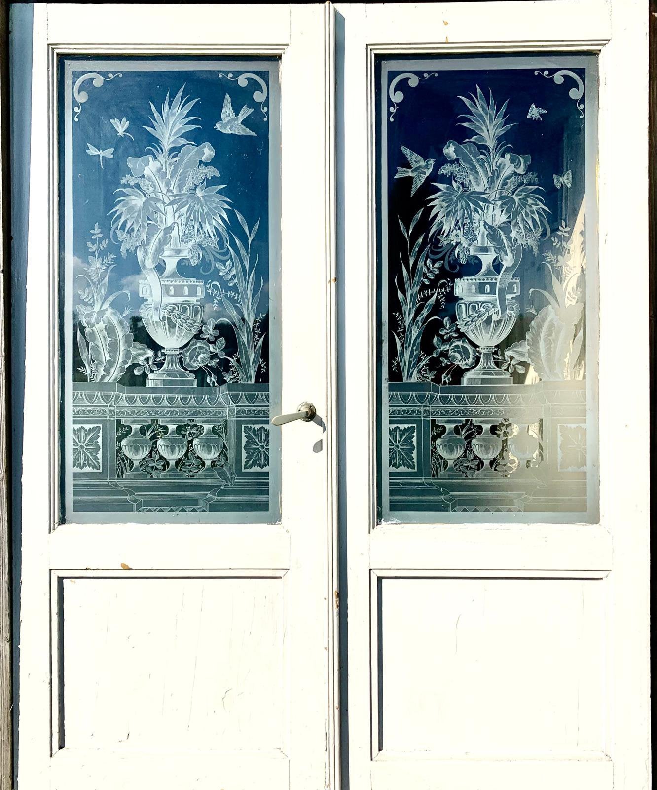 Antieke / klassieke deuren + bovenraam art deco geëtst glas, Enlèvement, Utilisé