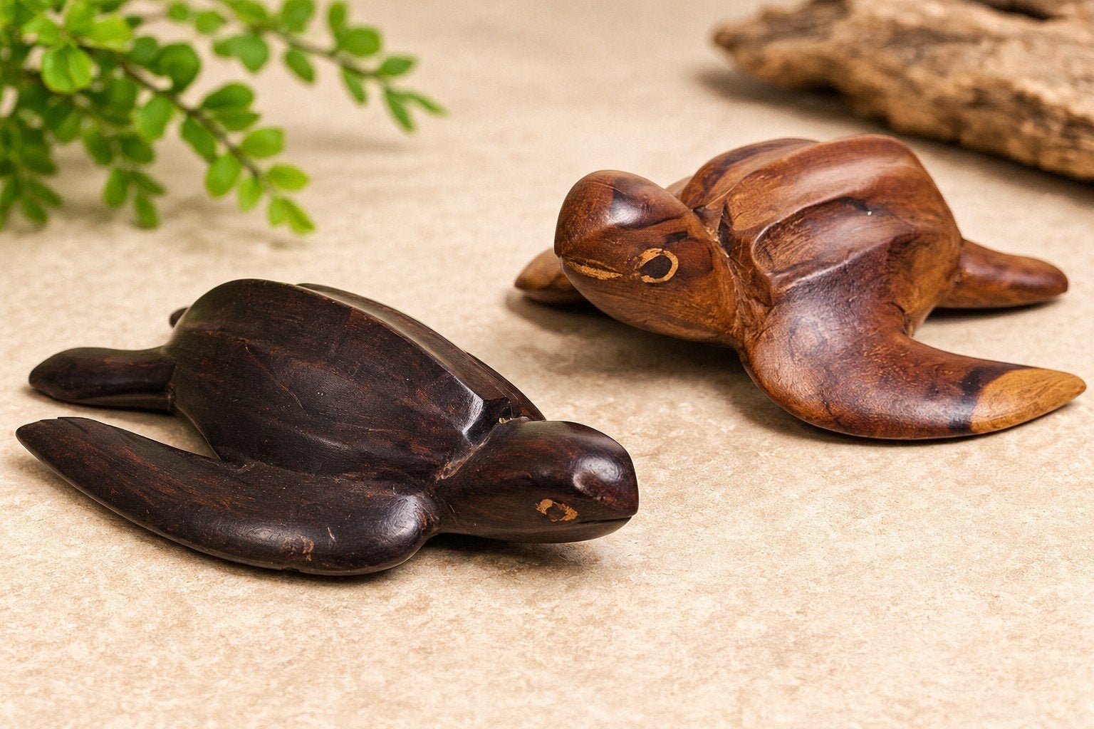Set van 2 vintage handgesneden houten schildpadden –12-13 cm, Houtsnijwerk, Minder dan 20 cm, Ophalen of Verzenden, Zeeleven