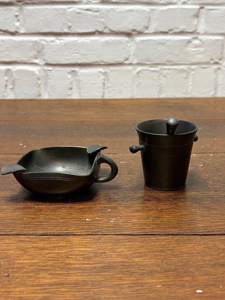 Vintage Tinnen Set: Asbak & Mini Vijzel / Mortier (90% Zin), Antiek en Kunst, Antiek | Glaswerk en Kristal, Ophalen of Verzenden