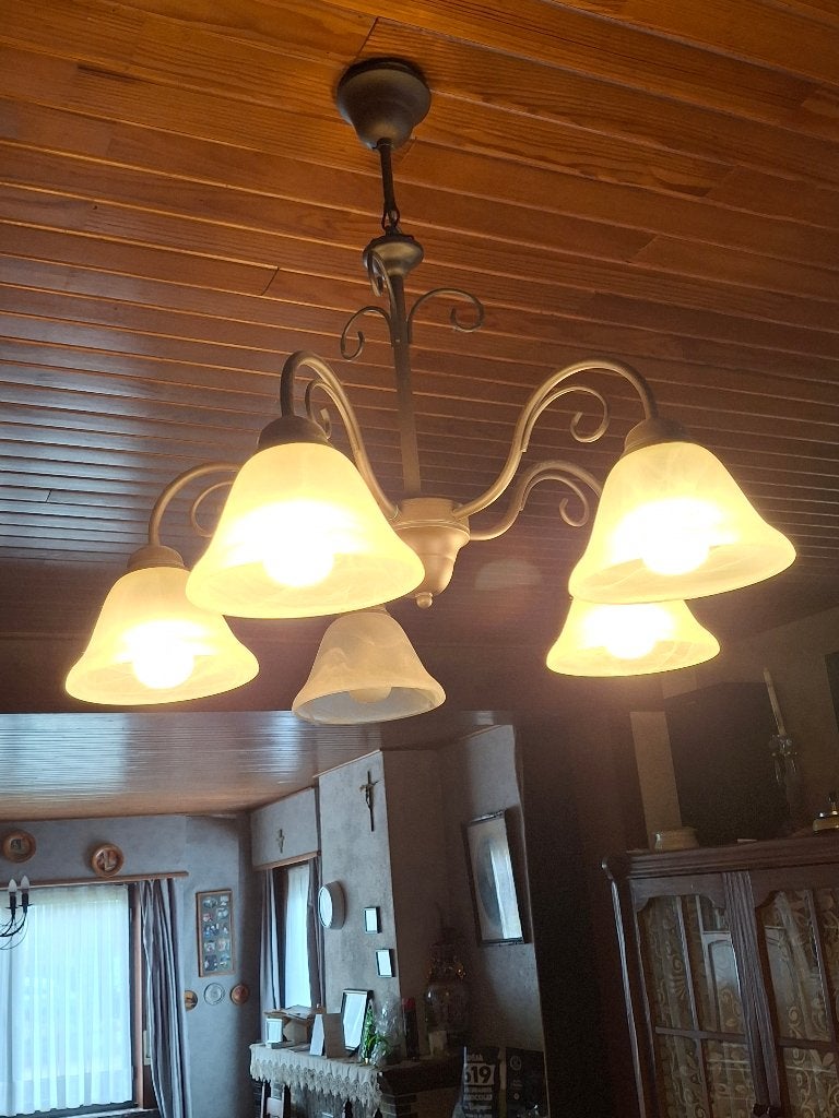 Luster met spaarlampen, Huis en Inrichting, Lampen | Kroonluchters, Ophalen, Gebruikt, Metaal, E14 (klein)