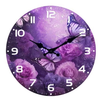 Ronde wandklok van hout Retro paarse vlinder (25cm), Ophalen of Verzenden, Nieuw, Wandklok