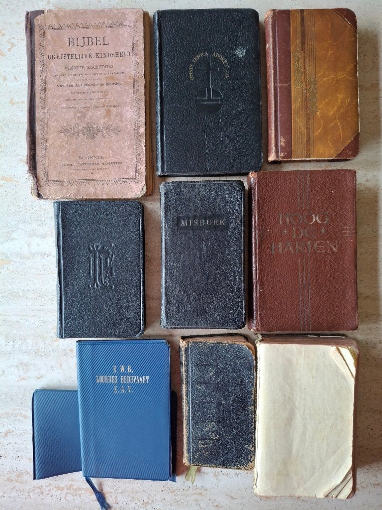 9 Antieke bijbels/boeken, Boeken, Godsdienst en Theologie, Gelezen, Christendom | Katholiek, Ophalen of Verzenden