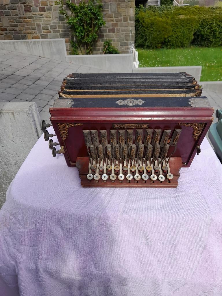 Ancien accordéon en bois du siècle passé de marque reveille, Enlèvement