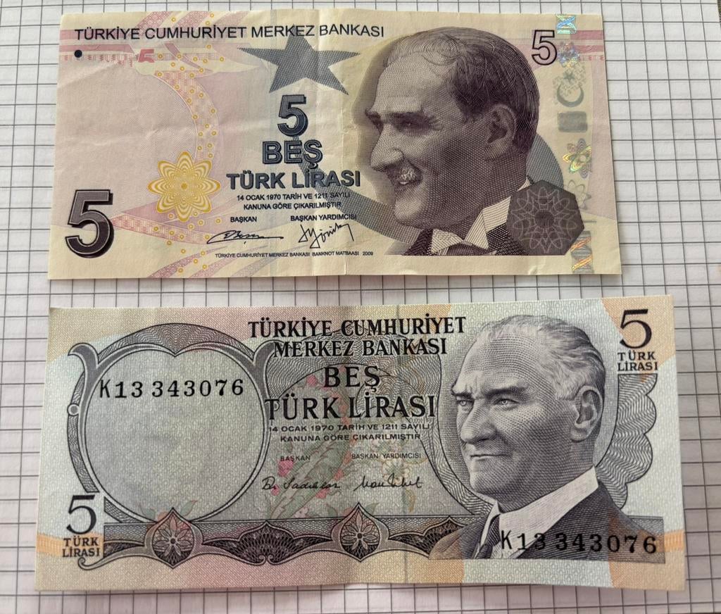 2 Turkse bankbiljetten van 5 lira, Postzegels en Munten, Ophalen of Verzenden, Overige landen, Los biljet