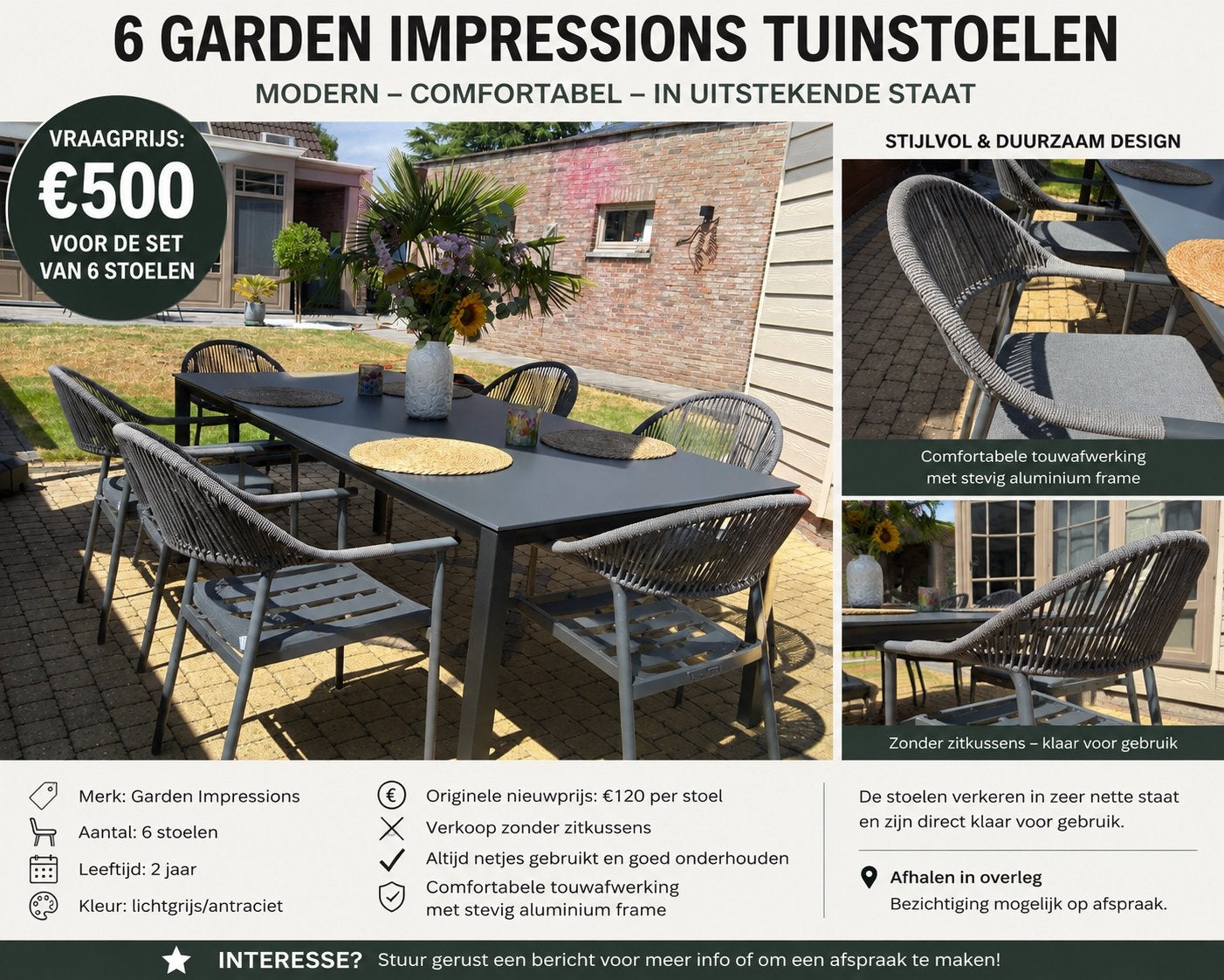 6 garden impressions tuinstoelen zo goed als nieuw, Tickets & Billets, Loisirs | Autre