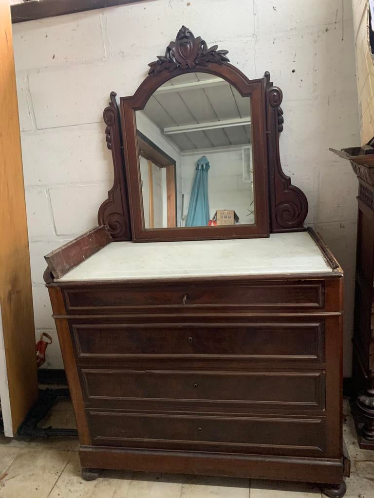 Antieke retro Commode marmer tablet mahonie met wentel spieg, Huis en Inrichting, Ophalen