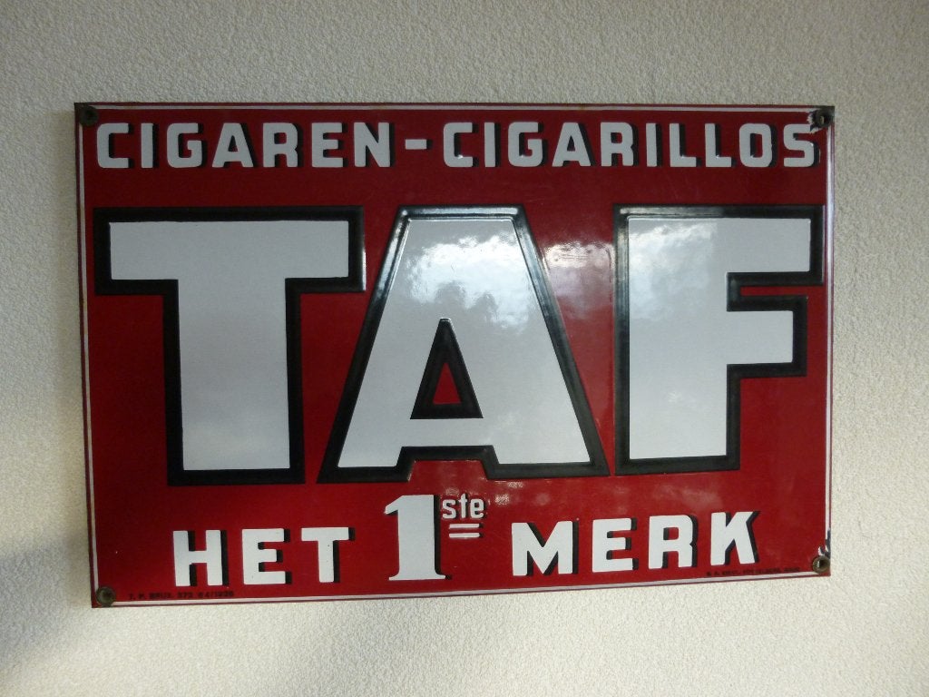 EMAILLE RECLAMEBORD"TAF CIGAREN-CIGARILLOS"UIT 1936, Enlèvement ou Envoi, Utilisé, Panneau publicitaire