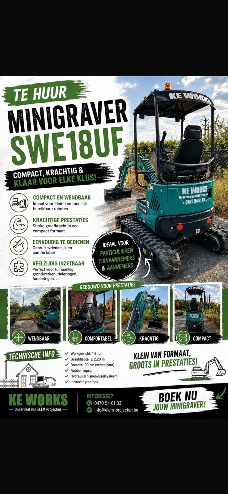 Minigraver 1,8 ton met of zonder kraanman, Zakelijke goederen, Machines en Bouw | Kranen en Graafmachines, Ophalen