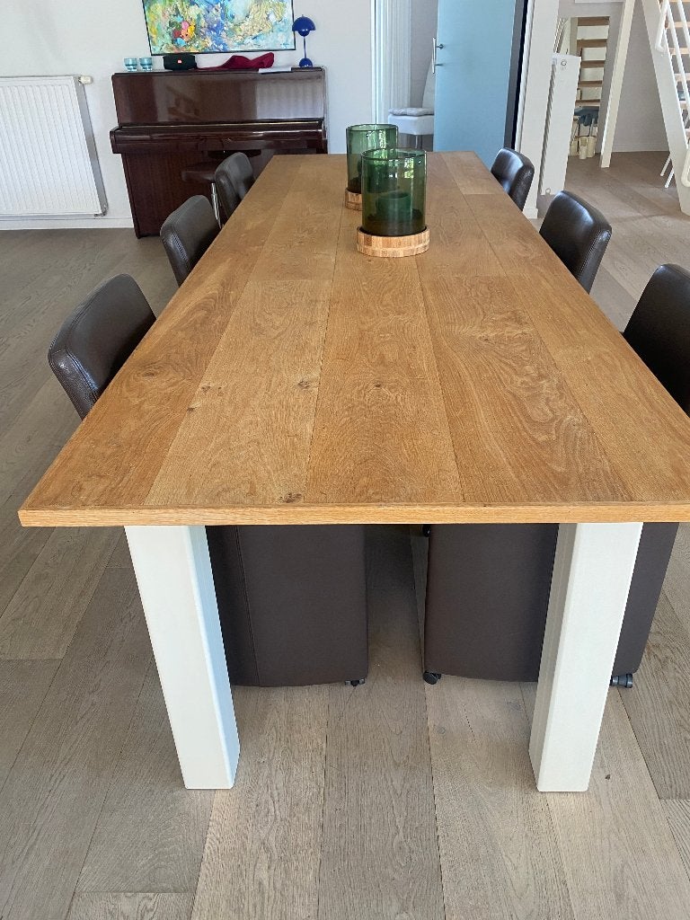 Zware eiken eetkamertafel met stalen onderstel, Huis en Inrichting, Tafels | Eettafels, Ophalen, 100 tot 150 cm, Authentiek en rustiek