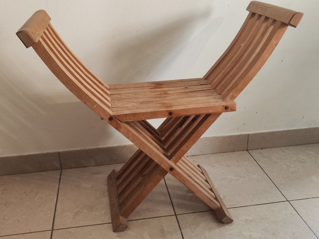 Vintage houten schaarstoel / lattenstoel, Huis en Inrichting, Ophalen, Gebruikt, 74 cm, Vintage