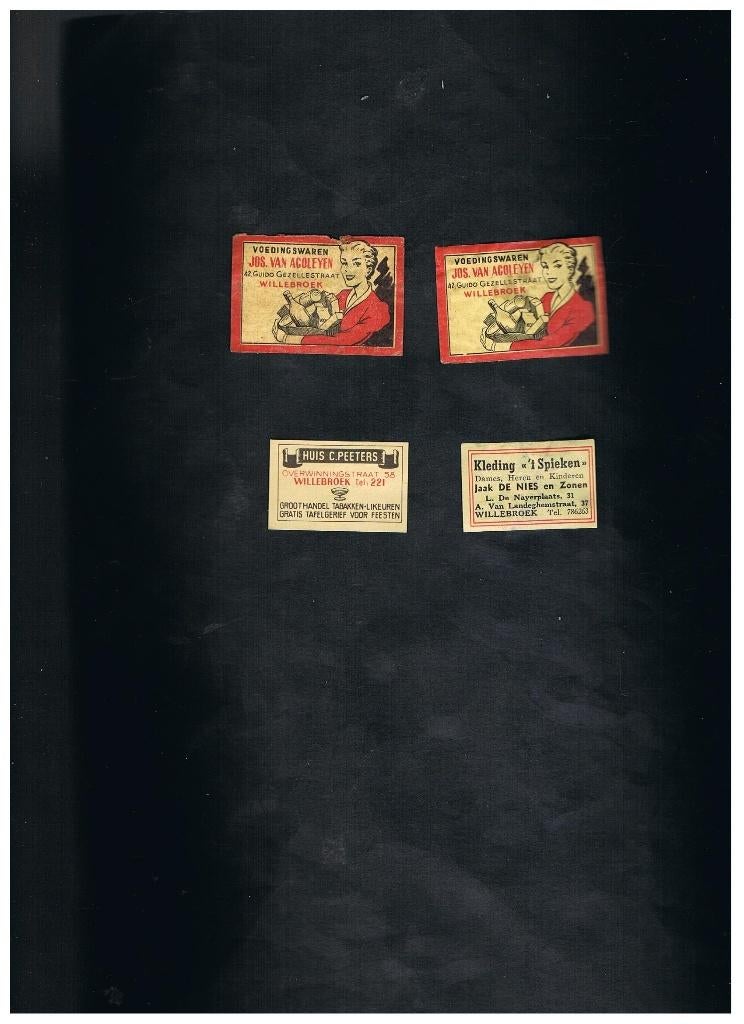 ÉTIQUETTES PUBLICITAIRES ANCIENNES WILLEBROEK, Envoi, Utilisé, Boîtes ou marques d'allumettes