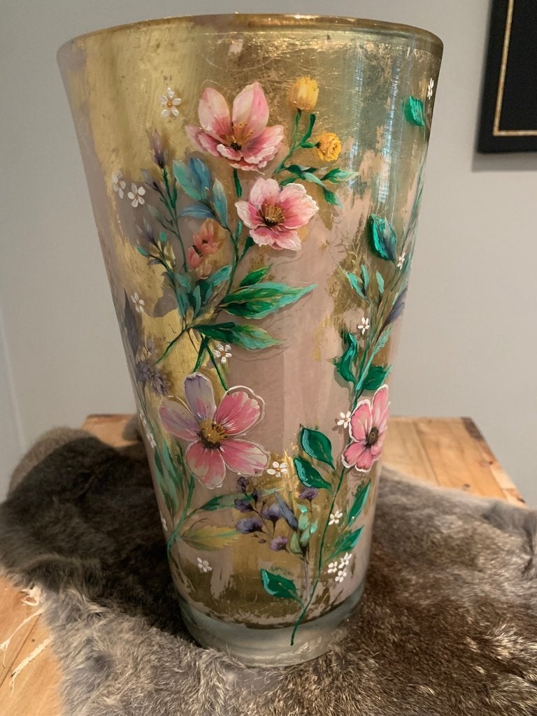 Handgedecoreerde glazen vaas met bloemen, 30 cm, Nieuw, Ophalen of Verzenden, Roze