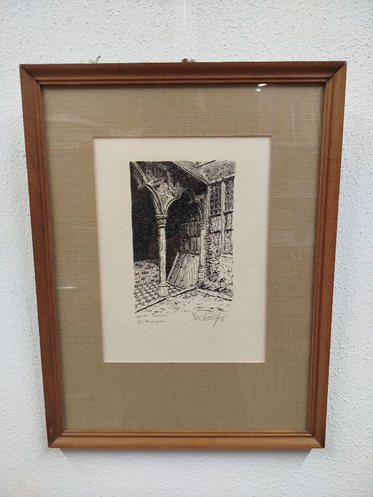 Pentekening “de Oude Beurs-Antwerpen” H.Lauriks '72 in kader, Enlèvement ou Envoi