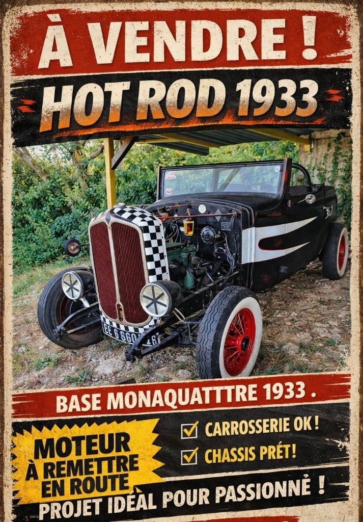 Hot rod 1933 base Monaquatre, Boîte manuelle, 2 portes, Particulier, 1000 kg