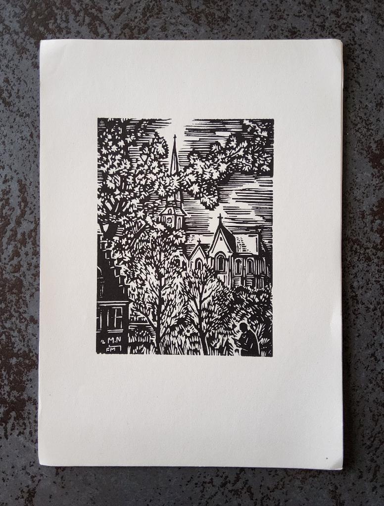 Houtsnede Kerk van Meise door Frans Masereel, 28 cm, 1950 - 1999, Stadsgezicht, 19 cm