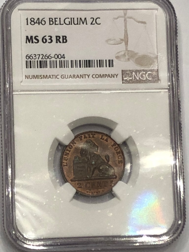 Munt België 2 cent koper Leop I  1846 graded NGC MS 63, Ophalen of Verzenden, Overig, Losse munt