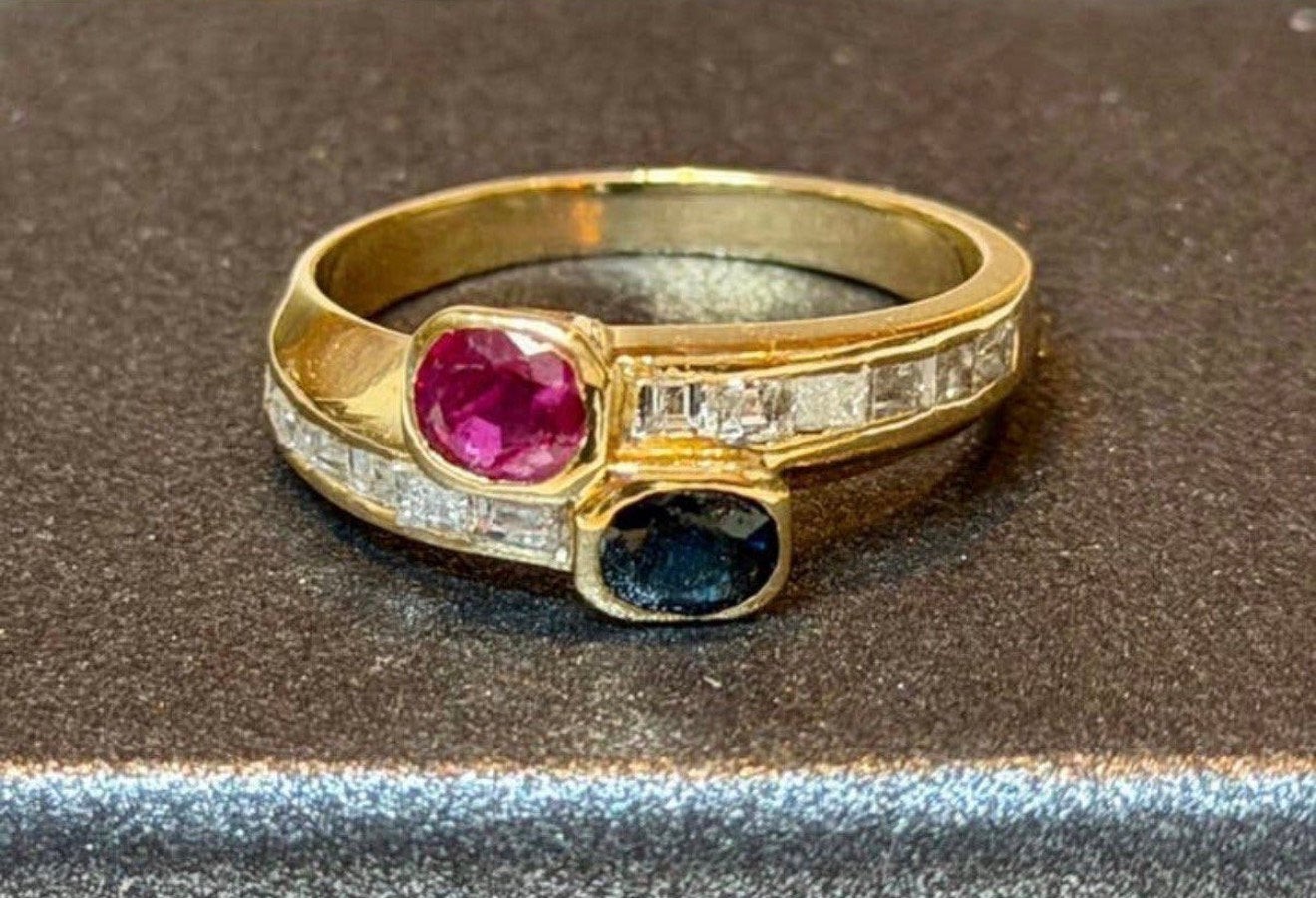 18K gouden ring met natuurlijke diamanten, saffier, robijn!, Bijoux, Sacs & Beauté, Or, 19 à 20, Jaune, Enlèvement ou Envoi