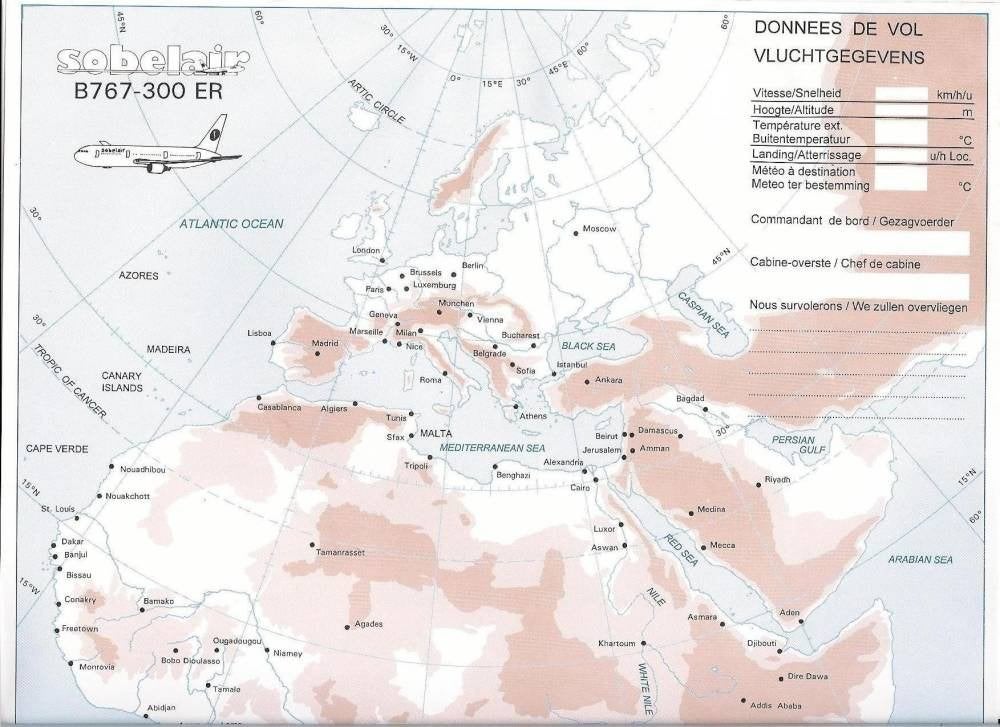 Sabena Sobelair Flight Data Sheet B767-300 ER – Map Africa, Ophalen of Verzenden, Nieuw