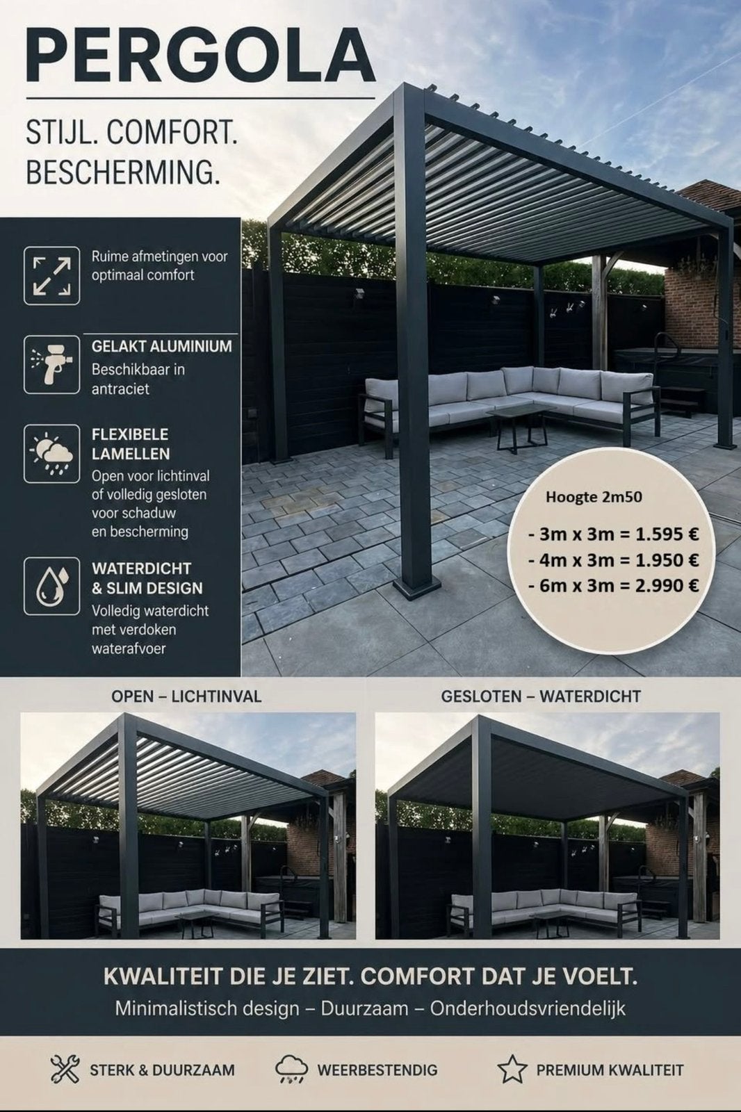 Nieuwe moderne vrijstaande aluminium pergola, Ophalen, Nieuw, Tuinpaviljoen