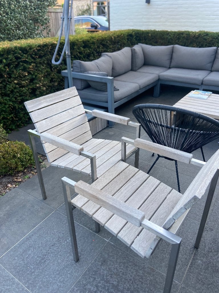 8 prachtige teakstoelen (inox armleuning), Tuin en Terras, Ophalen, Zo goed als nieuw, Stapelbaar